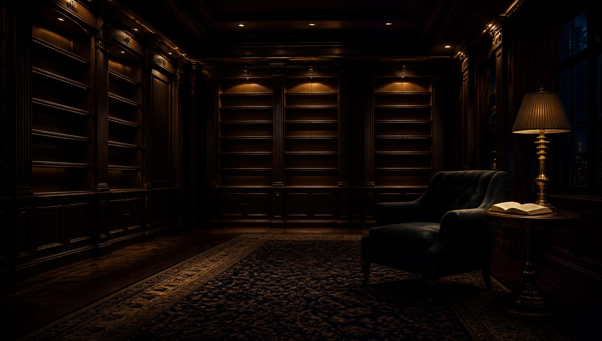 Salon de lecture d'une bibliothèque privée en bois sombre, éclairé d'une lumière dorée